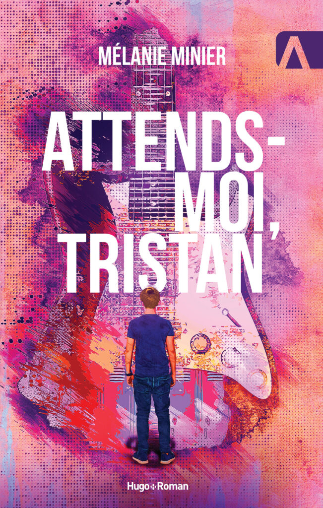 La couverture du livre d'Attends-moi Tristan de Mélanie Minier, avec un fond aux teintes de mauves présentant la silhouette d'une guitare et un petit garçon de dos.