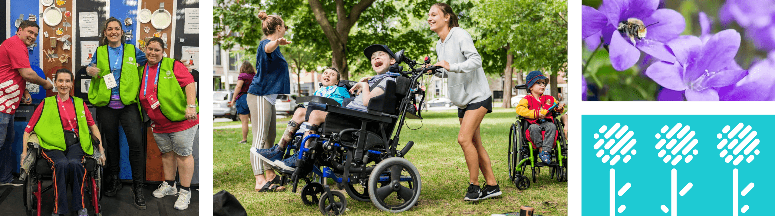 Bannière avec des photos représentant l’écoresponsabilité comme une escouade verte devant des bacs pour trier les déchets et une monitrice de camp de jour qui pousse le fauteuil roulant d’un jeune dans un parc.