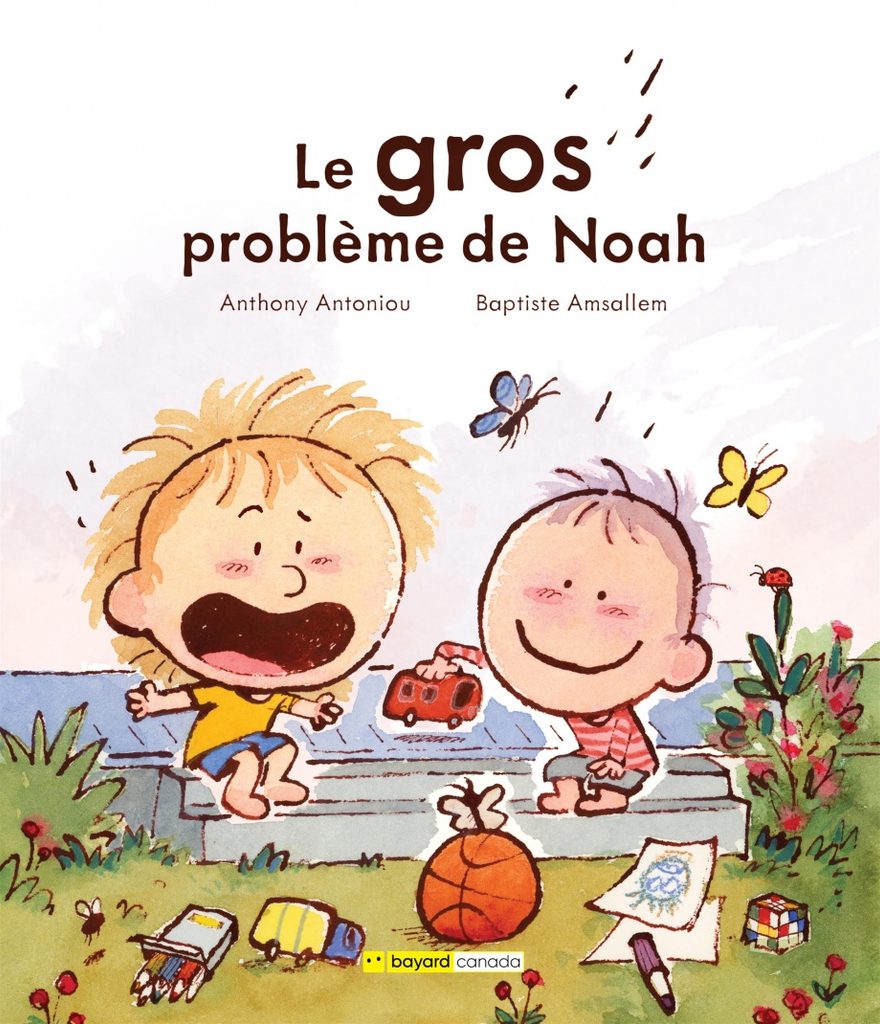Couverture du livre le GROS problème de Noah, deux petits garçons jouent ensemble dans la cours extérieure, entourés de jouets.