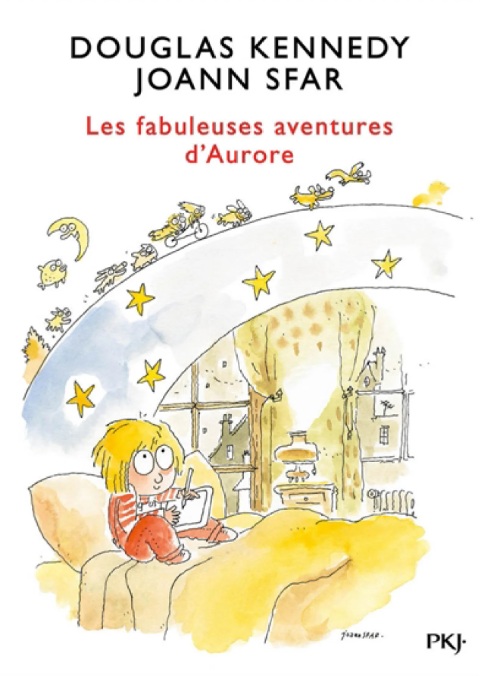 Couverture du livre Les fabuleuses aventures d'Aurore : une petite fille dans son lit avec une tablette et un crayon regarde vers le haut une traînée d'étoiles et de petits personnages imaginaires.